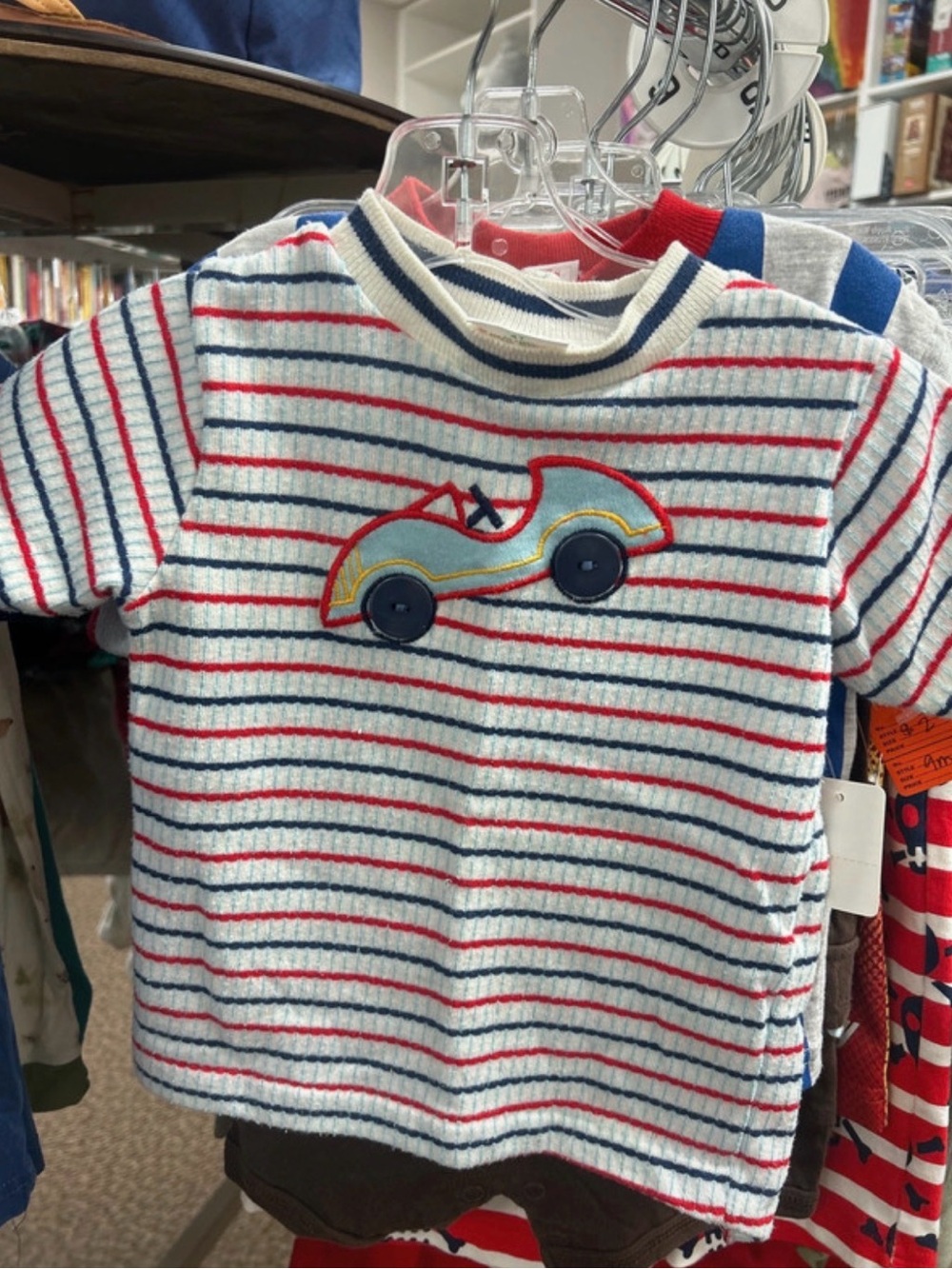 Vintage White Red and Navy Striped Short Sleeve Tee with Car Patch